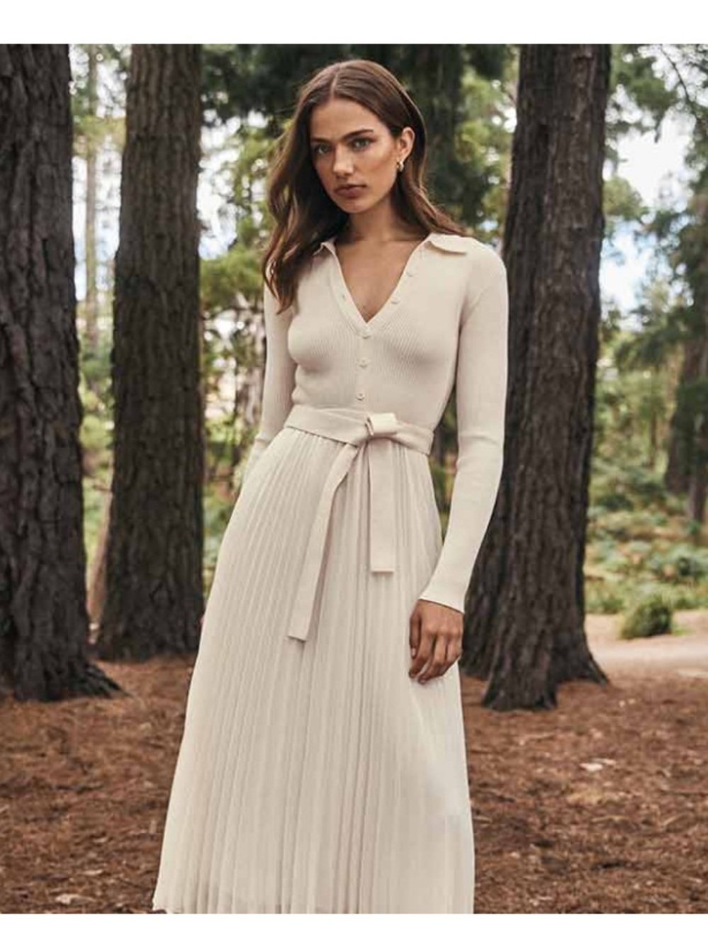 Ever New Molly Pleat Hem Polo Collar Knit Midi Dress. Cream. Size 4. NWT. - Picture 2 of 5